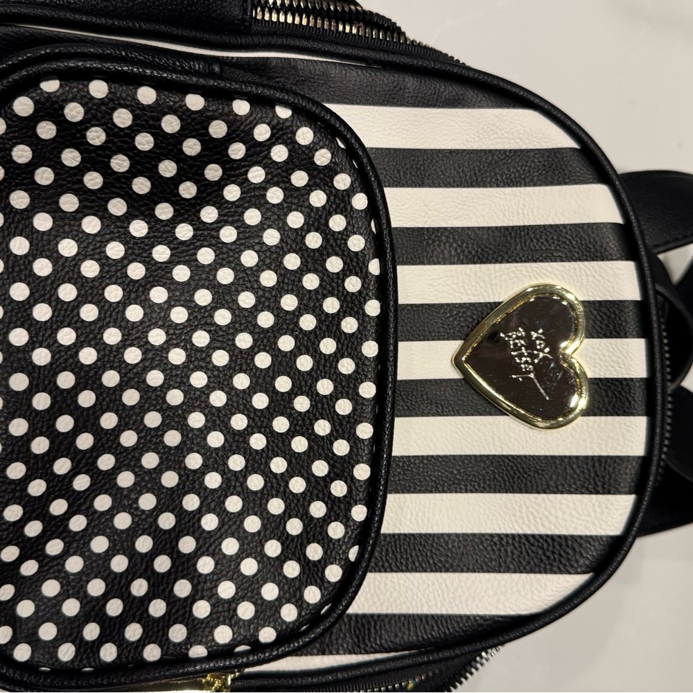 Betsey Johnson Black and White Backpack Purse with Stripes and Polka Dots